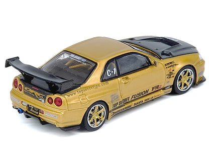 Nissan Skyline GT-R (R34) RHD (Right Hand Drive) "Top Secret" Gold Metallic with Carbon Hood and Trunk 1/64 Diecast Model Car by Inno Models by Inno Models
