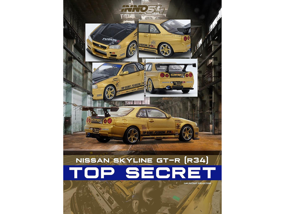 Nissan Skyline GT-R (R34) RHD (Right Hand Drive) "Top Secret" Gold Metallic with Carbon Hood and Trunk 1/64 Diecast Model Car by Inno Models by Inno Models