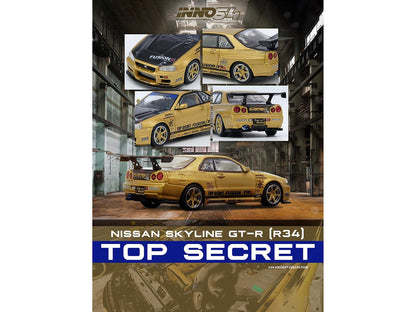 Nissan Skyline GT-R (R34) RHD (Right Hand Drive) "Top Secret" Gold Metallic with Carbon Hood and Trunk 1/64 Diecast Model Car by Inno Models by Inno Models