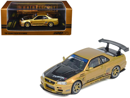 Nissan Skyline GT-R (R34) RHD (Right Hand Drive) "Top Secret" Gold Metallic with Carbon Hood and Trunk 1/64 Diecast Model Car by Inno Models by Inno Models