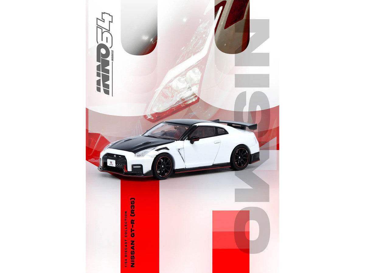 Nissan GT-R (R35) Nismo RHD (Right Hand Drive) White with Carbon Hood and Top 1/64 Diecast Model Car by Inno Models by Inno Models