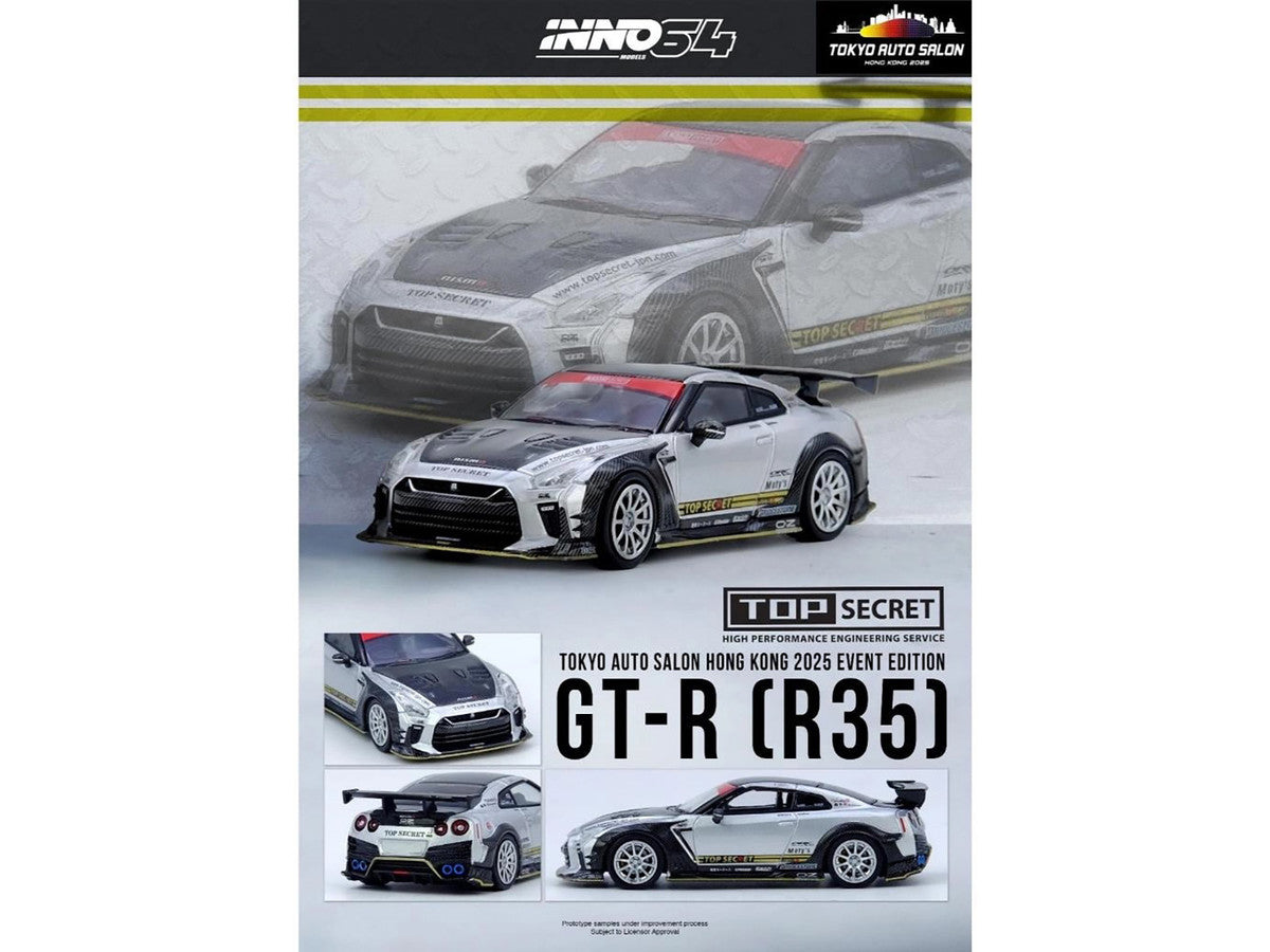 Nissan GT-R (R35) Top Secret RHD (Right Hand Drive) Silver Metallic with Carbon Hood and Top "Tokyo Auto Salon Hong Kong 2025 Event Edition" 1/64 Diecast Model Car by Inno Models by Inno Models