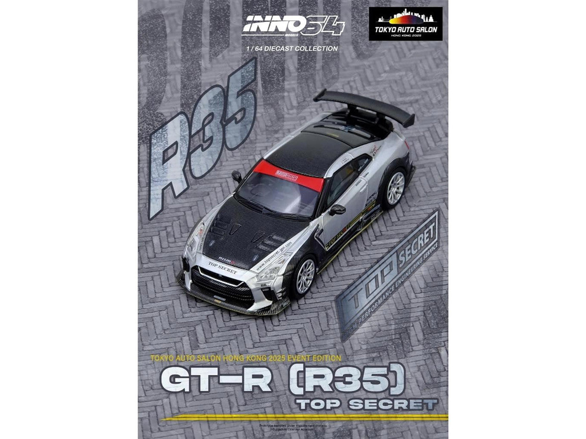 Nissan GT-R (R35) Top Secret RHD (Right Hand Drive) Silver Metallic with Carbon Hood and Top "Tokyo Auto Salon Hong Kong 2025 Event Edition" 1/64 Diecast Model Car by Inno Models by Inno Models