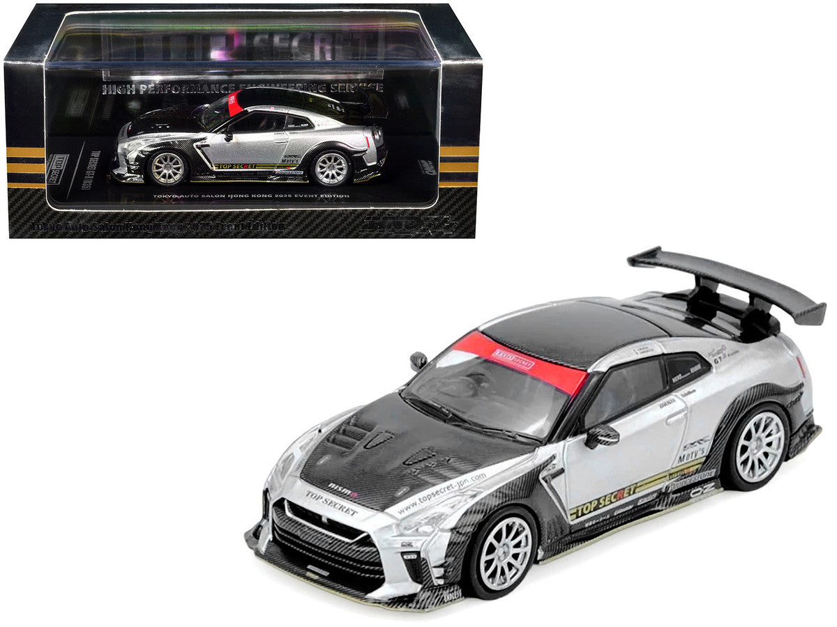 Nissan GT-R (R35) Top Secret RHD (Right Hand Drive) Silver Metallic with Carbon Hood and Top "Tokyo Auto Salon Hong Kong 2025 Event Edition" 1/64 Diecast Model Car by Inno Models by Inno Models