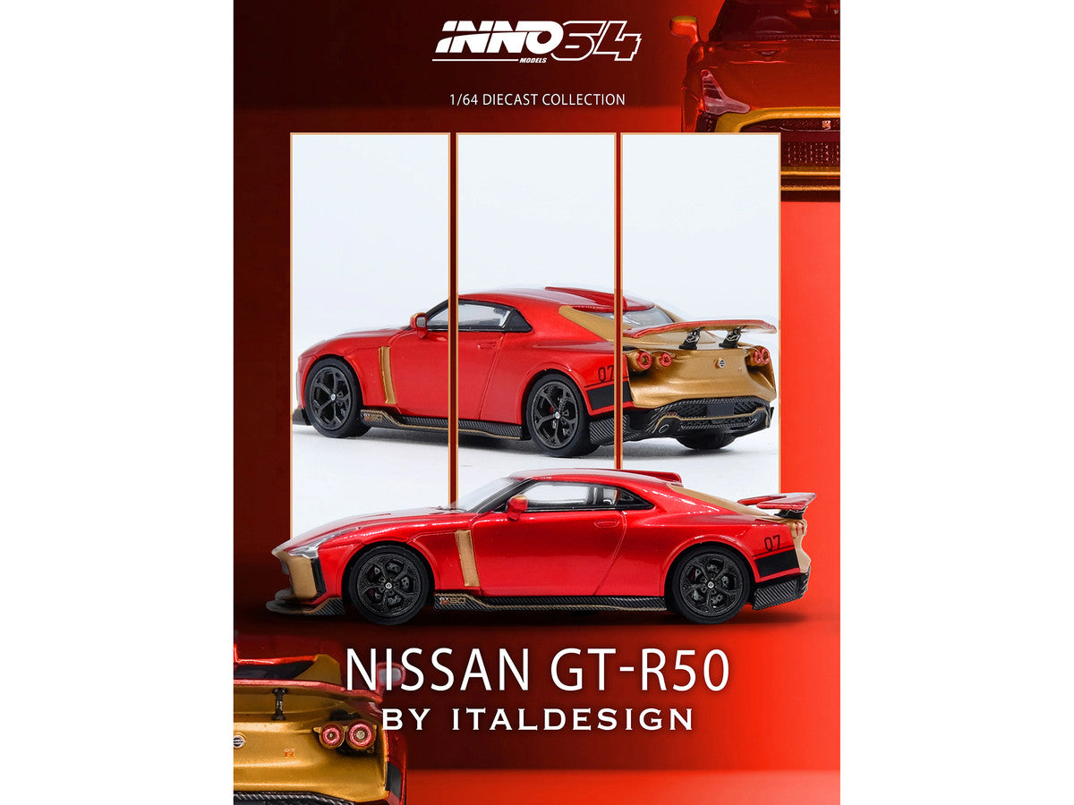 Nissan GT-R50 By ItalDesign Red Metallic with Gold Accents 1/64 Diecast Model Car by Inno Models by Inno Models
