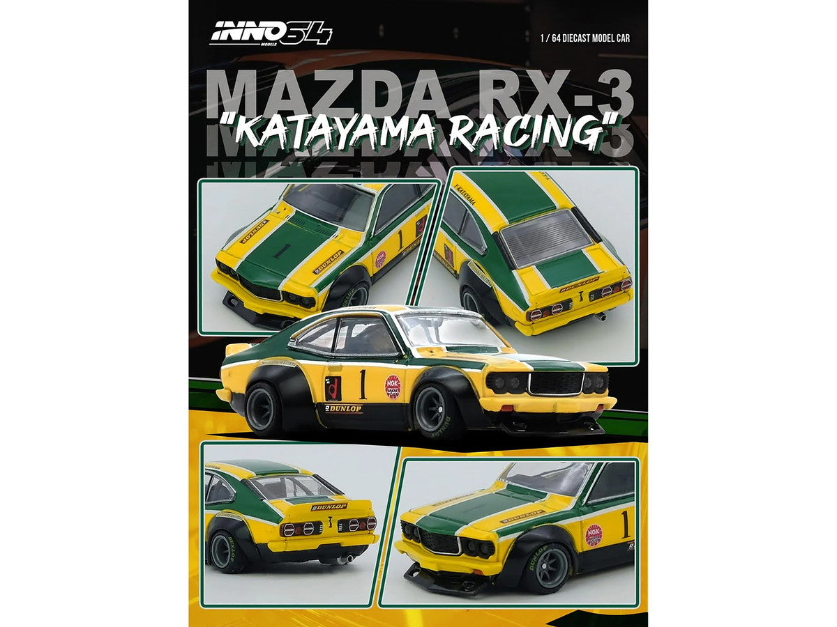 Mazda RX-3 Savanna RHD (Right Hand Drive) #1 "Katayama Racing Livery" Green and Yellow Striped 1/64 Diecast Model Car by Inno Models by Inno Models