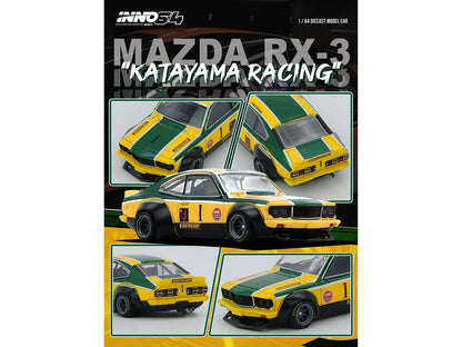 Mazda RX-3 Savanna RHD (Right Hand Drive) #1 "Katayama Racing Livery" Green and Yellow Striped 1/64 Diecast Model Car by Inno Models by Inno Models