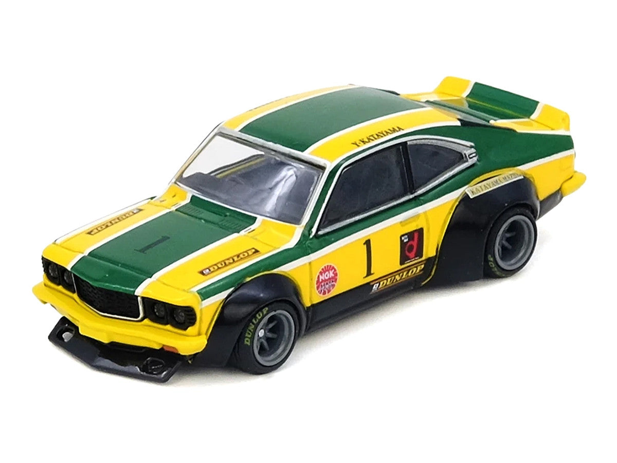 Mazda RX-3 Savanna RHD (Right Hand Drive) #1 "Katayama Racing Livery" Green and Yellow Striped 1/64 Diecast Model Car by Inno Models by Inno Models