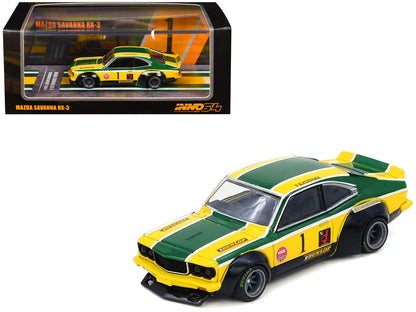 Mazda RX-3 Savanna RHD (Right Hand Drive) #1 "Katayama Racing Livery" Green and Yellow Striped 1/64 Diecast Model Car by Inno Models by Inno Models