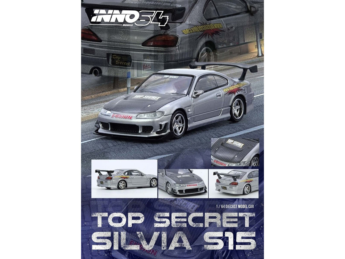 Nissan "Top Secret" Silvia (S15) RHD (Right Hand Drive) Silver Metallic with Carbon Hood 1/64 Diecast Model Car by Inno Models by Inno Models