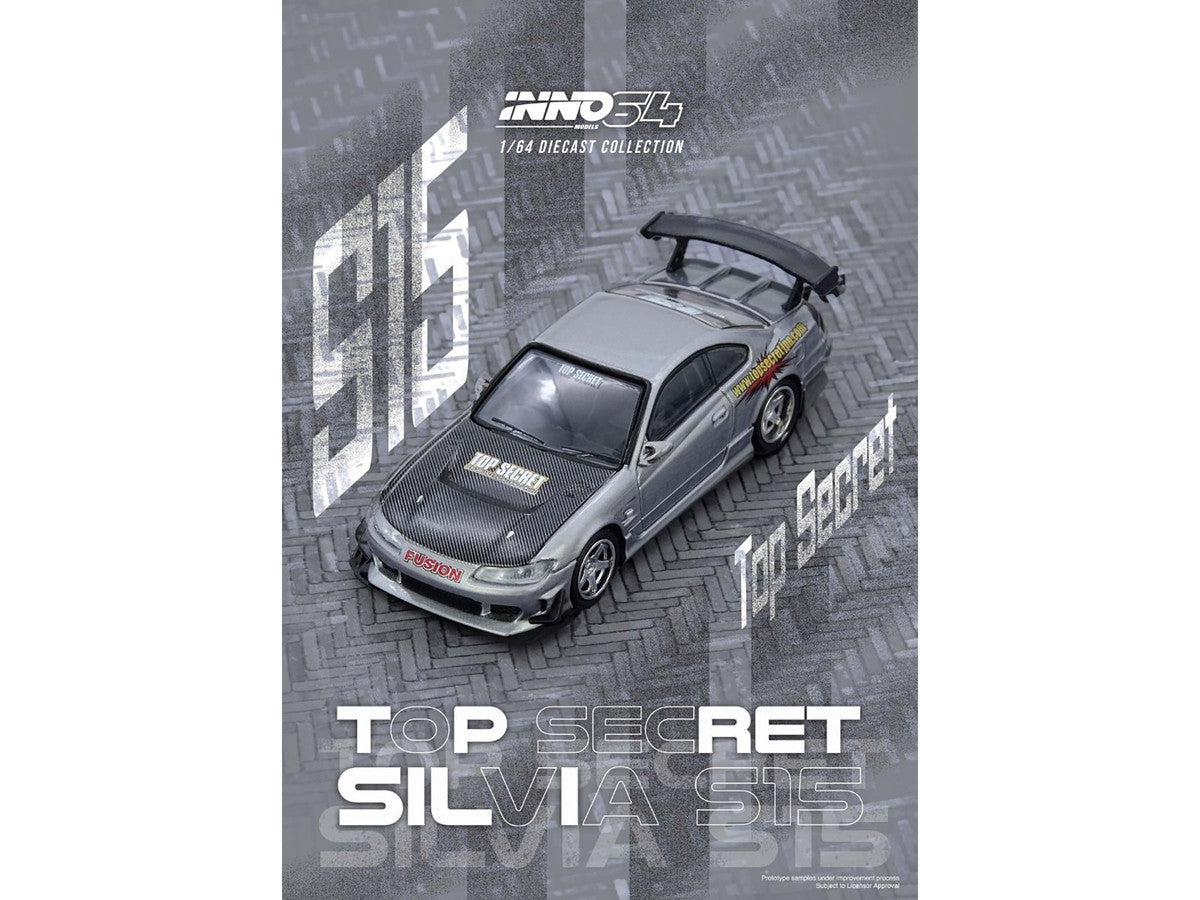 Nissan "Top Secret" Silvia (S15) RHD (Right Hand Drive) Silver Metallic with Carbon Hood 1/64 Diecast Model Car by Inno Models by Inno Models