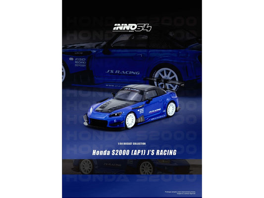 Honda S2000 RHD (Right Hand Drive) "J's Racing" Blue Metallic with Carbon Hood and Top 1/64 Diecast Model Car by Inno Models by Inno Models
