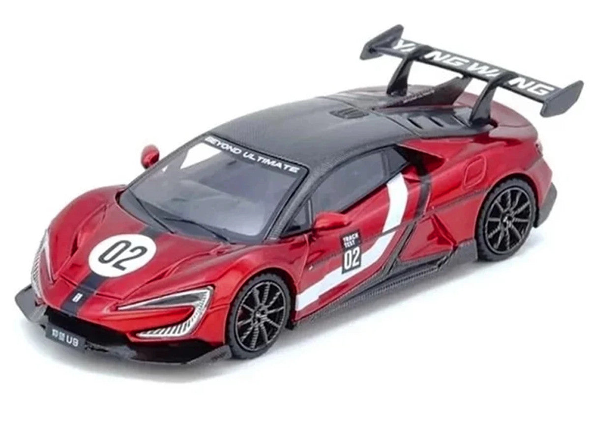 2025 Yangwang U9 Xtreme Test Car #02 Red Metallic with White Stripes and Carbon Top "World Fastest EV Supercar" 1/64 Diecast Model Car by Inno Models by Inno Models