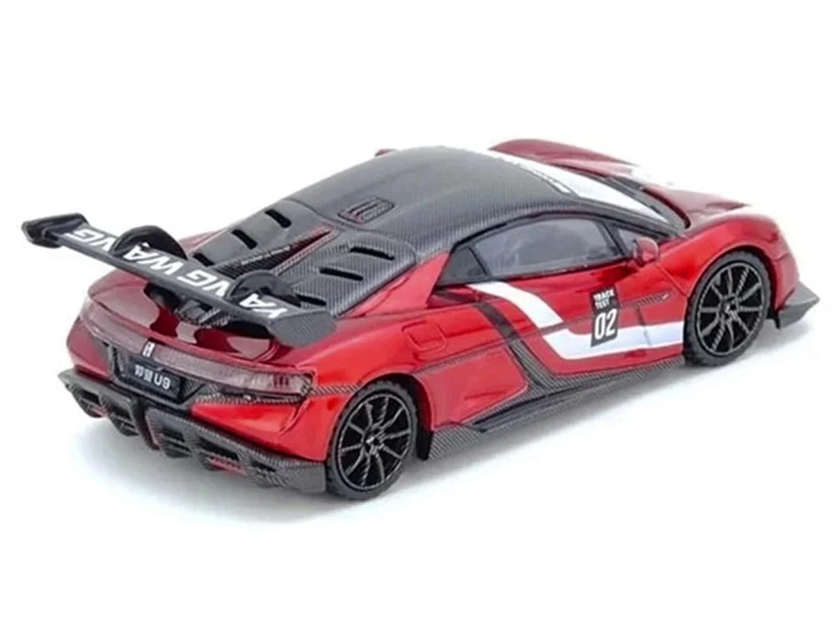 2025 Yangwang U9 Xtreme Test Car #02 Red Metallic with White Stripes and Carbon Top "World Fastest EV Supercar" 1/64 Diecast Model Car by Inno Models by Inno Models