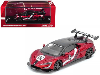 2025 Yangwang U9 Xtreme Test Car #02 Red Metallic with White Stripes and Carbon Top "World Fastest EV Supercar" 1/64 Diecast Model Car by Inno Models by Inno Models
