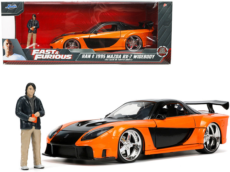1995 Mazda RX-7 Widebody RHD (Right Hand Drive) Orange Metallic and Black with Han Diecast Figurine "The Fast and the Furious: Tokyo Drift" (2006) Movie 1/24 Diecast Model Car by Jada by Jada
