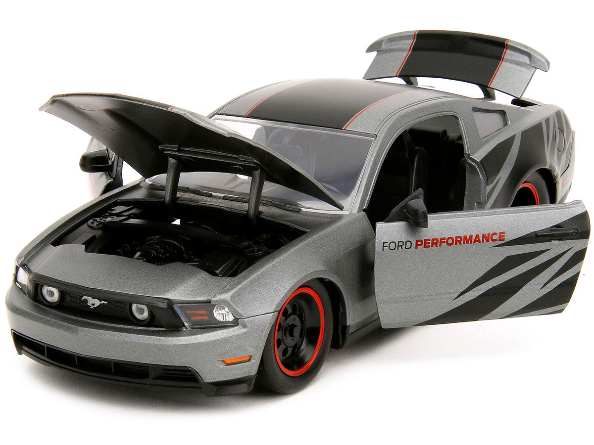 2010 Ford Mustang GT Matt Gray Metallic with Black Graphics and Stripes "Ford Performance" "Bigtime Muscle" Series 1/24 Diecast Model Car by Jada by Jada