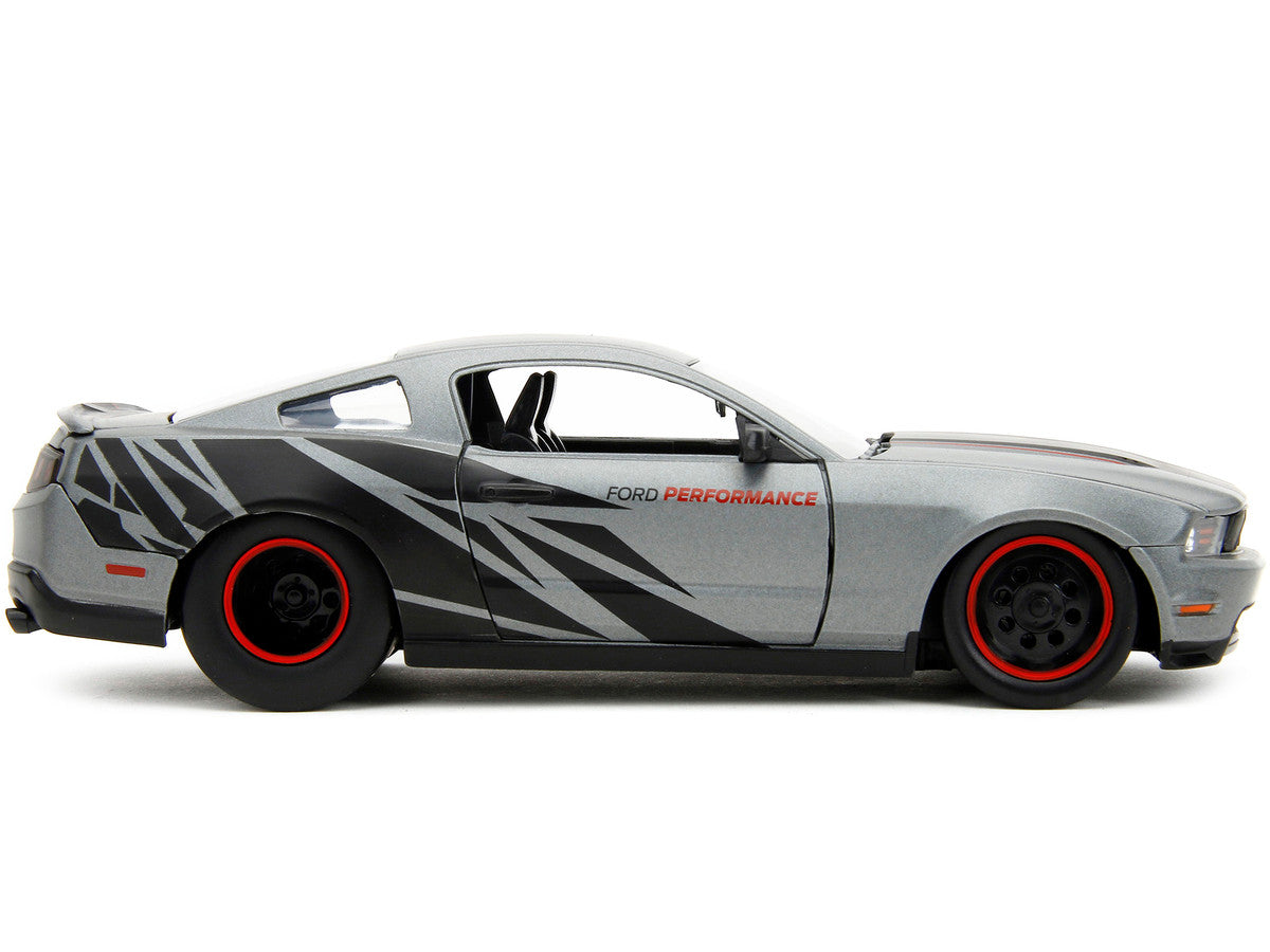 2010 Ford Mustang GT Matt Gray Metallic with Black Graphics and Stripes "Ford Performance" "Bigtime Muscle" Series 1/24 Diecast Model Car by Jada by Jada