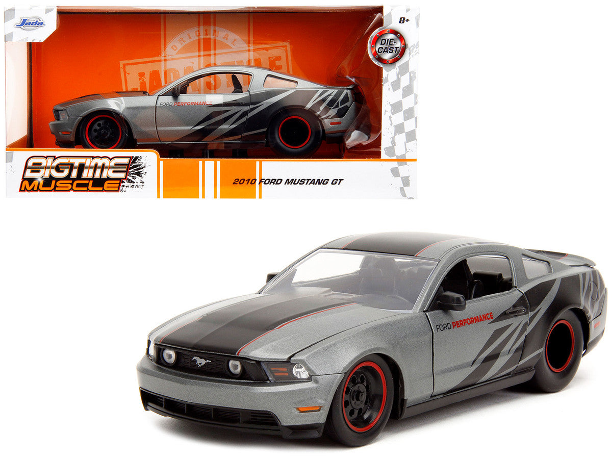2010 Ford Mustang GT Matt Gray Metallic with Black Graphics and Stripes "Ford Performance" "Bigtime Muscle" Series 1/24 Diecast Model Car by Jada by Jada