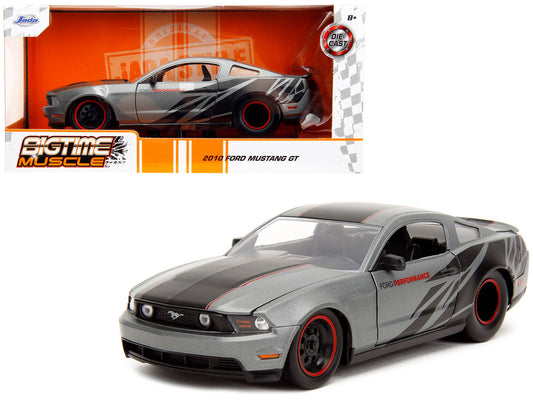 2010 Ford Mustang GT Matt Gray Metallic with Black Graphics and Stripes "Ford Performance" "Bigtime Muscle" Series 1/24 Diecast Model Car by Jada by Jada