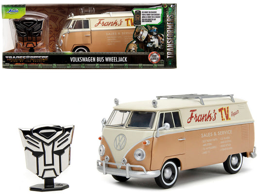 Volkswagen Bus "WheelJack" Tan and Beige "Frank's TV Repair" and Transformers Logo Diecast Statue "Transformers: Rise of the Beasts" (2023) Movie "Hollywood Rides" Series 1/24 Diecast Model Car by Jada by Jada