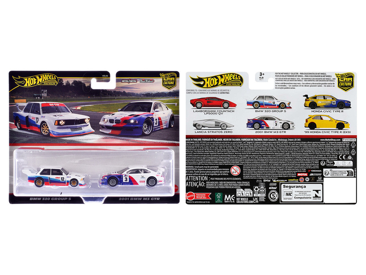 BMW 320 Group 5 #12 White with Stripes and 2001 BMW M3 GTR #3 White with Stripes "Car Culture" Set of 2 Cars Diecast Model Cars by Hot Wheels by Hotwheels