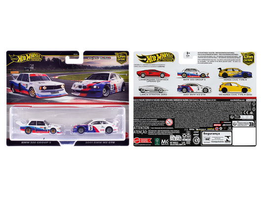 BMW 320 Group 5 #12 White with Stripes and 2001 BMW M3 GTR #3 White with Stripes "Car Culture" Set of 2 Cars Diecast Model Cars by Hot Wheels by Hotwheels