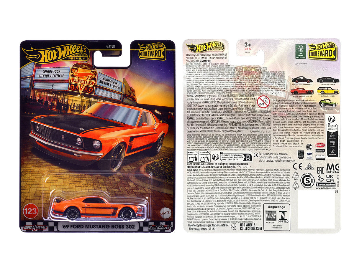 1969 Ford Mustang Boss 302 Orange with Black Stripes and Hood "Boulevard" Series Diecast Model Car by Hot Wheels by Hotwheels