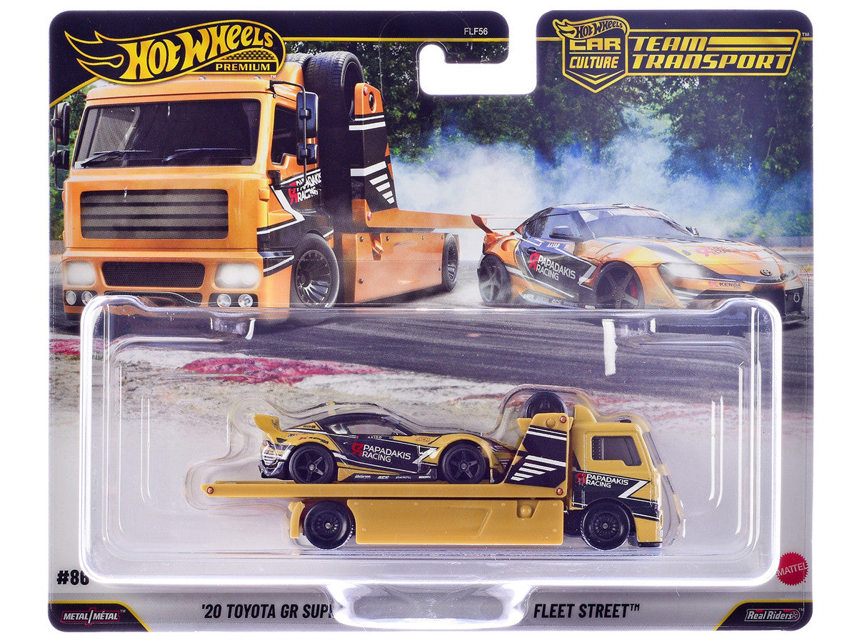 Fleet Street Flatbed Truck Yellow with Graphics and 2020 Toyota GR Supra #15 Yellow with Black Graphics "Papadakis Racing" "Team Transport - Car Culture" Series Diecast Model Cars by Hot Wheels by Hotwheels
