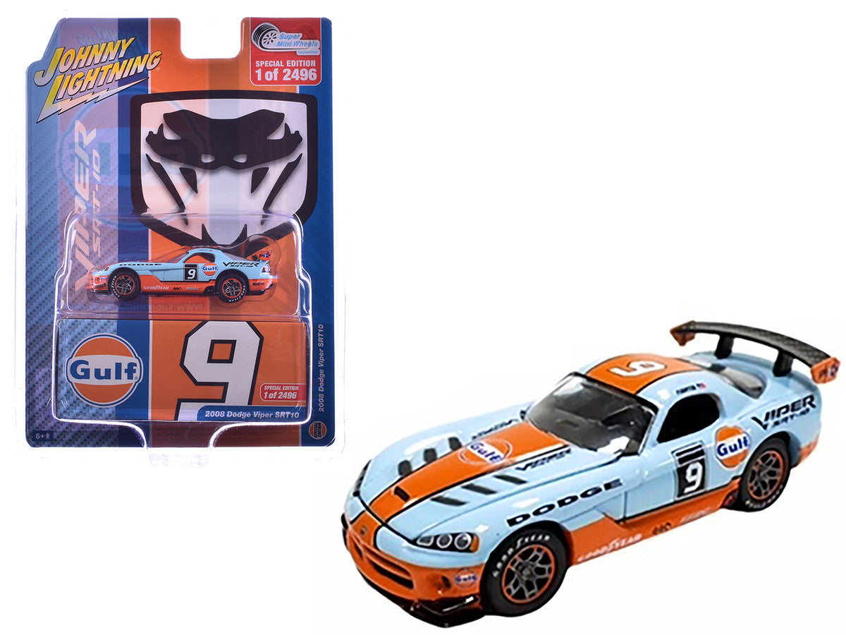 2008 Dodge Viper SRT10 #9 "Gulf Oil" Light Blue and Orange Limited Edition to 2496 pieces Worldwide 1/64 Diecast Model Car by Johnny Lightning by Johnny Lightning