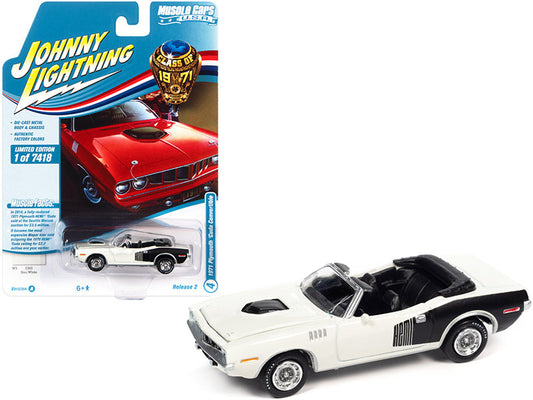 1971 Plymouth Barracuda Convertible Sno White with Black Hemi Side Billboards "Class of 1971" Limited Edition to 7418 pieces Worldwide "Muscle Cars USA" Series 1/64 Diecast Model Car by Johnny Lightning by Johnny Lightning
