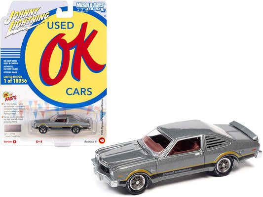 1976 Plymouth Volare Road Runner Silver Cloud Metallic with Stripes "OK Used Cars" Series Limited Edition to 18056 pieces Worldwide 1/64 Diecast Model Car by Johnny Lightning by Johnny Lightning