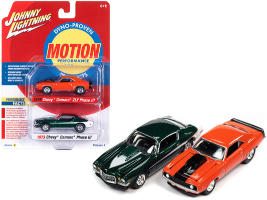 1969 Chevrolet Camaro ZLX Phase III Hugger Orange with Black Stripes and 1973 Chevrolet Camaro Phase III Dark Green Metallic and White "Baldwin Motion" Set of 2 Cars 1/64 Diecast Model Cars by Johnny Lightning by Johnny Lightning