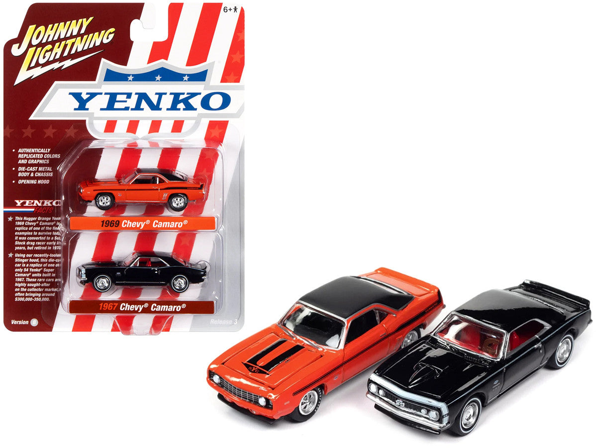 1969 Chevrolet Camaro Hugger Orange with Black Top and Stripes and 1967 Chevrolet Camaro Black with White Stripe and Red Interior "Yenko" Series Set of 2 Cars 1/64 Diecast Model Cars by Johnny Lightning by Johnny Lightning