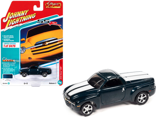 2005 Chevrolet SSR Pickup Truck Bermuda Blue Metallic with White Stripes "Classic Gold Collection" Series Limited Edition to 8476 pieces Worldwide 1/64 Diecast Model Car by Johnny Lightning by Johnny Lightning