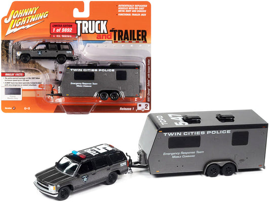 1997 Chevrolet Tahoe "SWAT" Custom Gray Metallic and Black with "Twin Cities Police" Camper Trailer Limited Edition to 9892 pieces Worldwide "Truck and Trailer" Series 1/64 Diecast Model Car by Johnny Lightning by Johnny Lightning