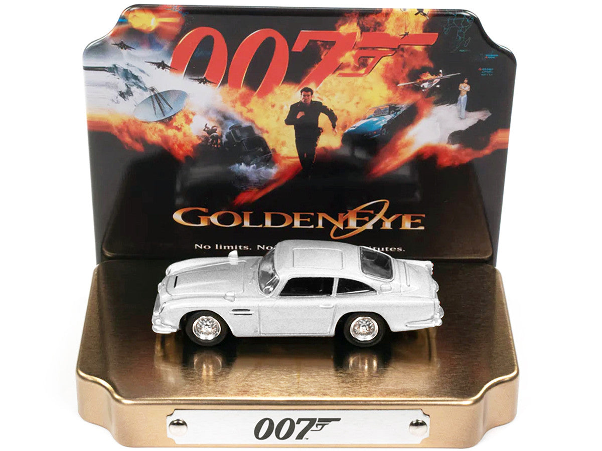 Aston Martin DB5 RHD (Right Hand Drive) Silver Metallic 007 (James Bond) "GoldenEye" (1995) Movie with Collectible Tin Display "Silver Screen Machines" Series 1/64 Diecast Model Car by Johnny Lightning by Johnny Lightning