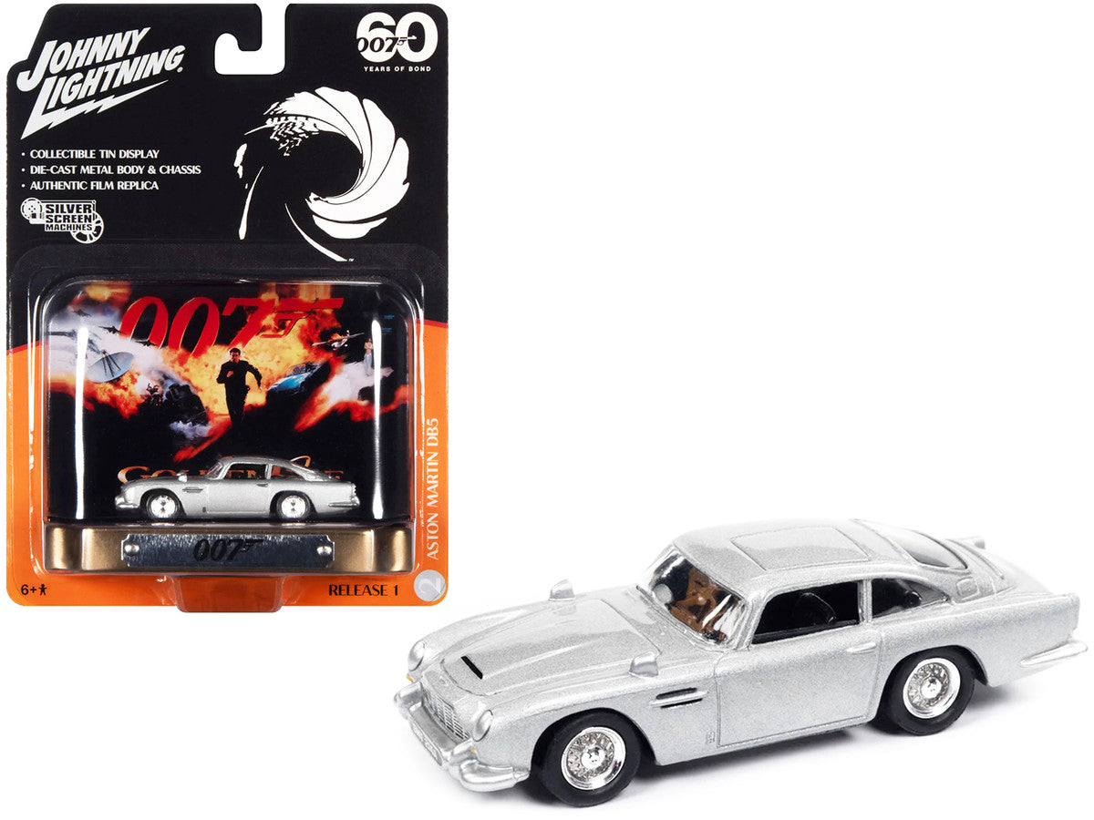 Aston Martin DB5 RHD (Right Hand Drive) Silver Metallic 007 (James Bond) "GoldenEye" (1995) Movie with Collectible Tin Display "Silver Screen Machines" Series 1/64 Diecast Model Car by Johnny Lightning by Johnny Lightning