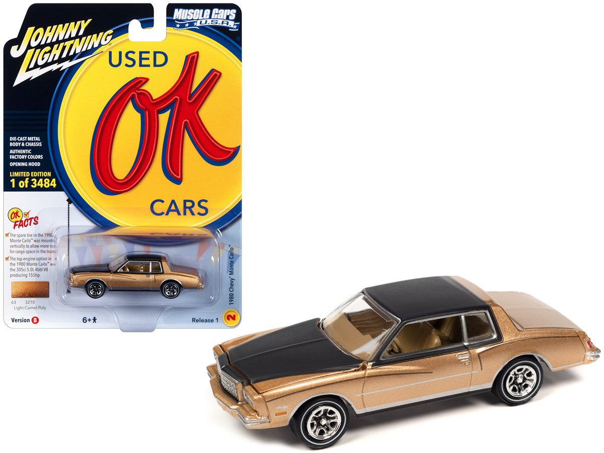 1980 Chevrolet Monte Carlo Light Camel Gold Metallic with Black Top and Hood Limited Edition to 3484 pieces Worldwide "OK Used Cars" 2023 Series 1/64 Diecast Model Car by Johnny Lightning by Johnny Lightning
