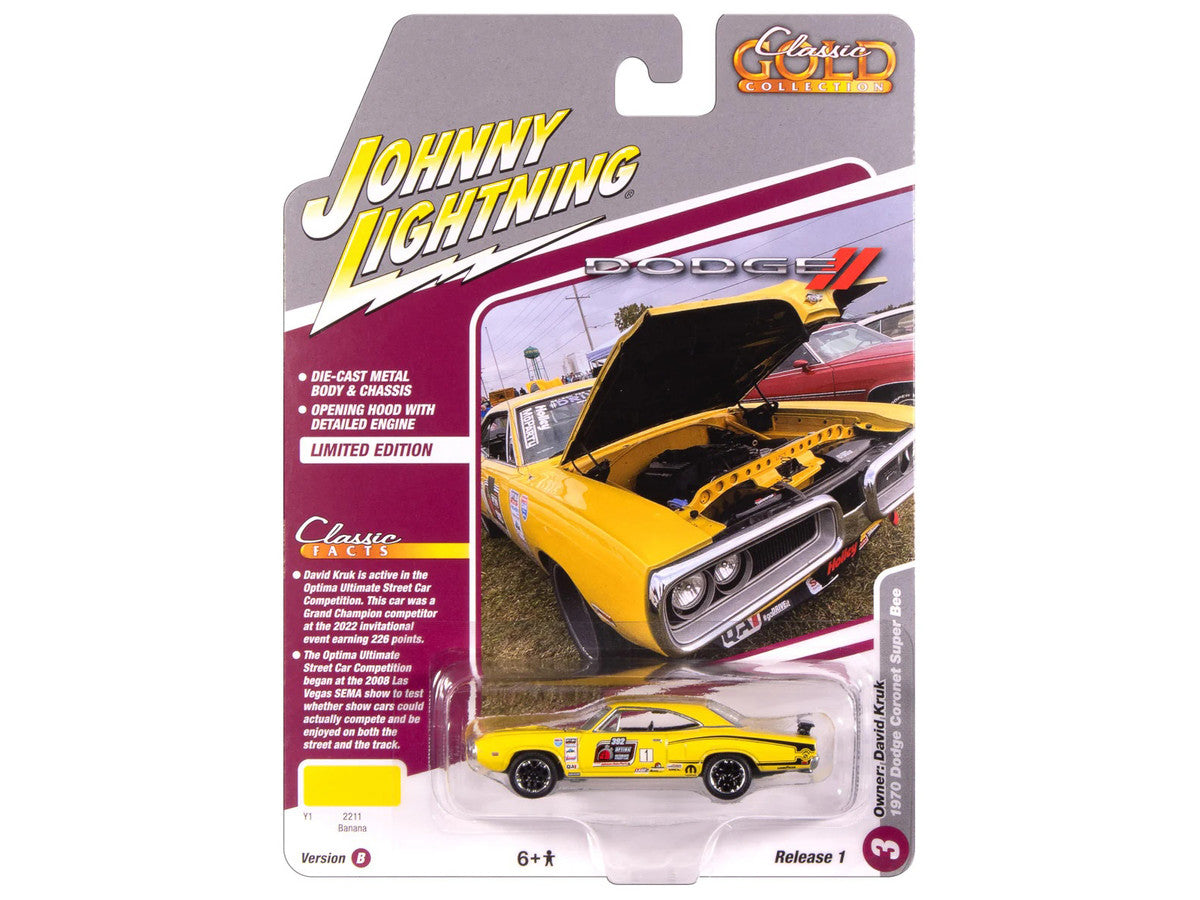 1970 Dodge Coronet Super Bee #1 "David Kruk" Banana Yellow with Black Stripes and Top "Classic Gold Collection" 1/64 Diecast Model Car by Johnny Lightning by Johnny Lightning
