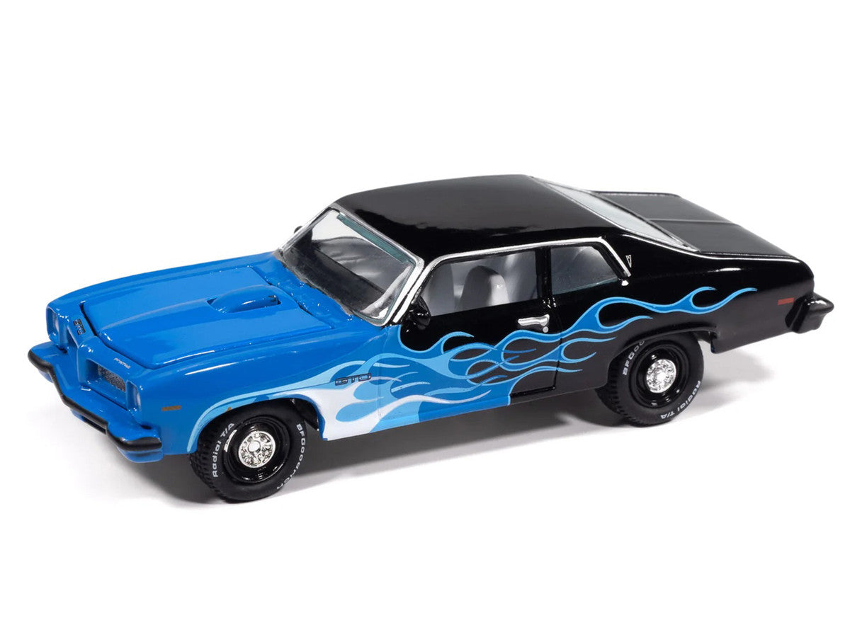 1974 Pontiac GTO Black and Blue with Blue Flame Graphics with White Interior "Black with Flames" Series 1/64 Diecast Model Car by Johnny Lightning by Johnny Lightning
