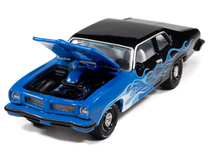 1974 Pontiac GTO Black and Blue with Blue Flame Graphics with White Interior "Black with Flames" Series 1/64 Diecast Model Car by Johnny Lightning by Johnny Lightning