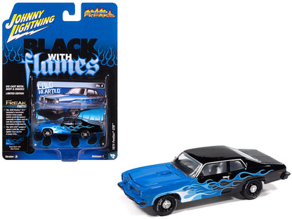 1974 Pontiac GTO Black and Blue with Blue Flame Graphics with White Interior "Black with Flames" Series 1/64 Diecast Model Car by Johnny Lightning by Johnny Lightning