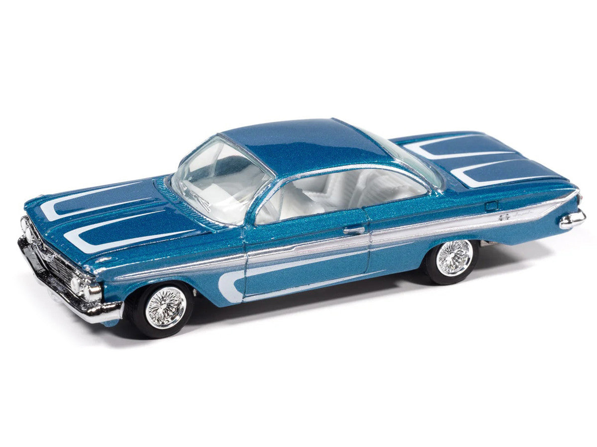 1961 Chevrolet Impala SS 409 Blue Metallic with White Stripes and Interior "Scrapin'" Series 1/64 Diecast Model Car by Johnny Lightning by Johnny Lightning