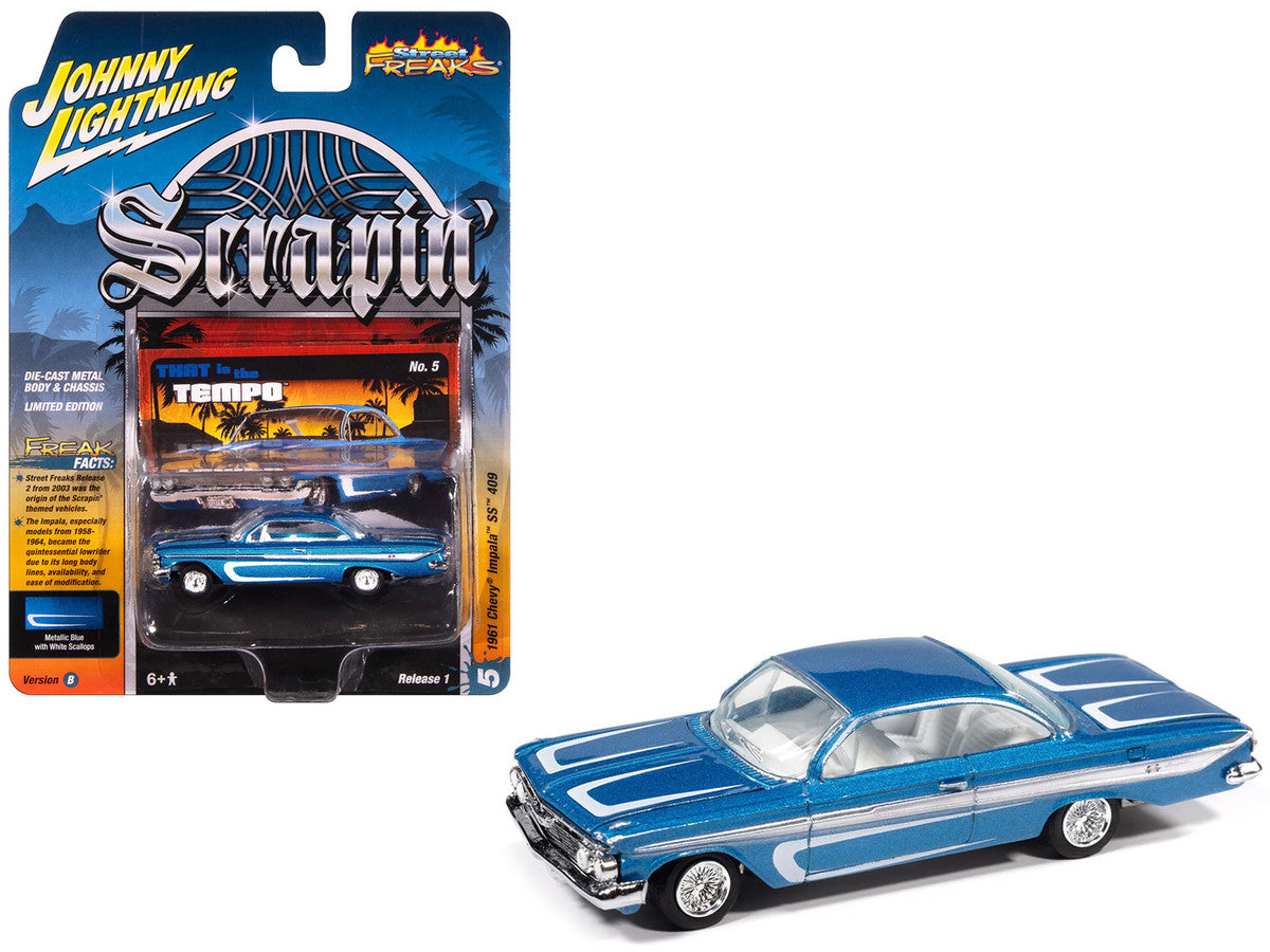 1961 Chevrolet Impala SS 409 Blue Metallic with White Stripes and Interior "Scrapin'" Series 1/64 Diecast Model Car by Johnny Lightning by Johnny Lightning