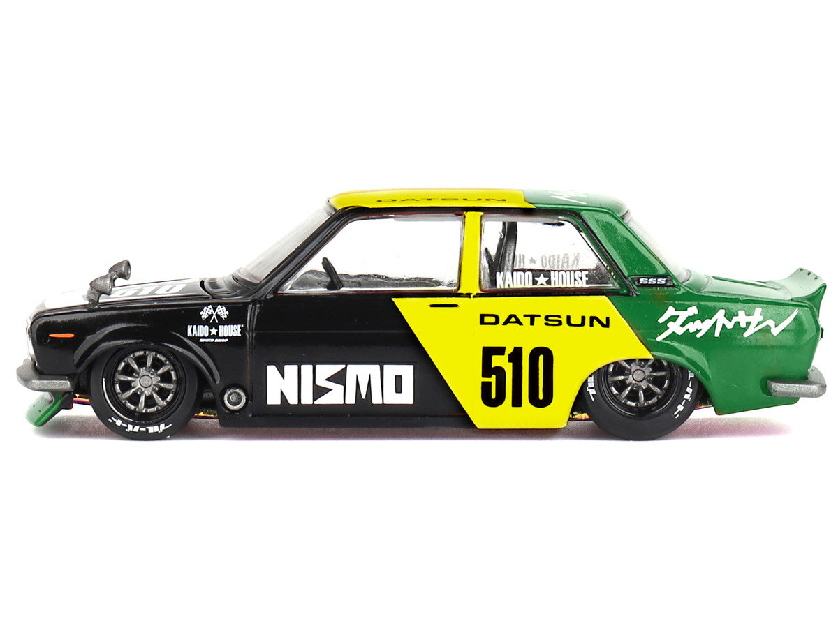 Datsun Street 510 "Racing V2" Black and Green with Yellow Accents (Designed by Jun Imai) "Kaido House" Special 1/64 Diecast Model Car by Mini GT by Mini GT