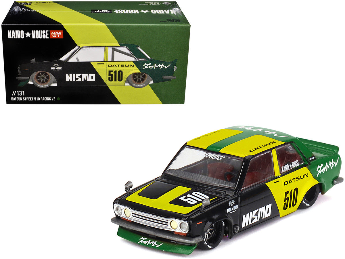 Datsun Street 510 "Racing V2" Black and Green with Yellow Accents (Designed by Jun Imai) "Kaido House" Special 1/64 Diecast Model Car by Mini GT by Mini GT