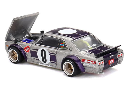 Nissan Skyline 2000GT-R (KPGC10) "Kaido Works V1" RHD (Right Hand Drive) #0 Silver Metallic with Purple Stripes (Designed by Jun Imai) "Kaido House" Special 1/64 Diecast Model Car by Mini GT by Mini GT