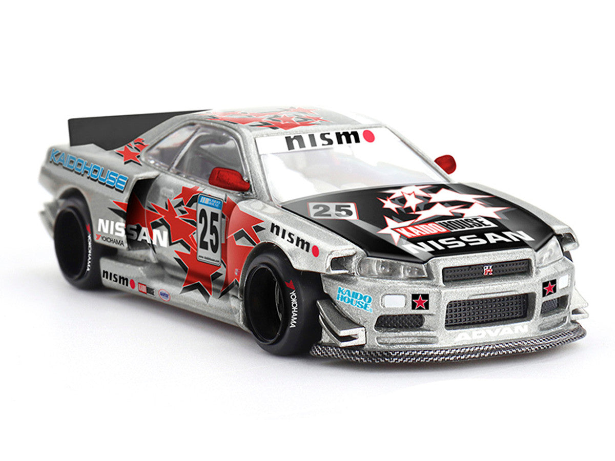 Nissan Skyline GT-R (R34) "Kaido Star Racing V1" RHD (Right Hand Drive) #25 Gray Metallic with Black Hood and Graphics (Designed by Jun Imai) "Kaido House" Special 1/64 Diecast Model Car by Mini GT by Mini GT
