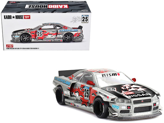 Nissan Skyline GT-R (R34) "Kaido Star Racing V1" RHD (Right Hand Drive) #25 Gray Metallic with Black Hood and Graphics (Designed by Jun Imai) "Kaido House" Special 1/64 Diecast Model Car by Mini GT by Mini GT
